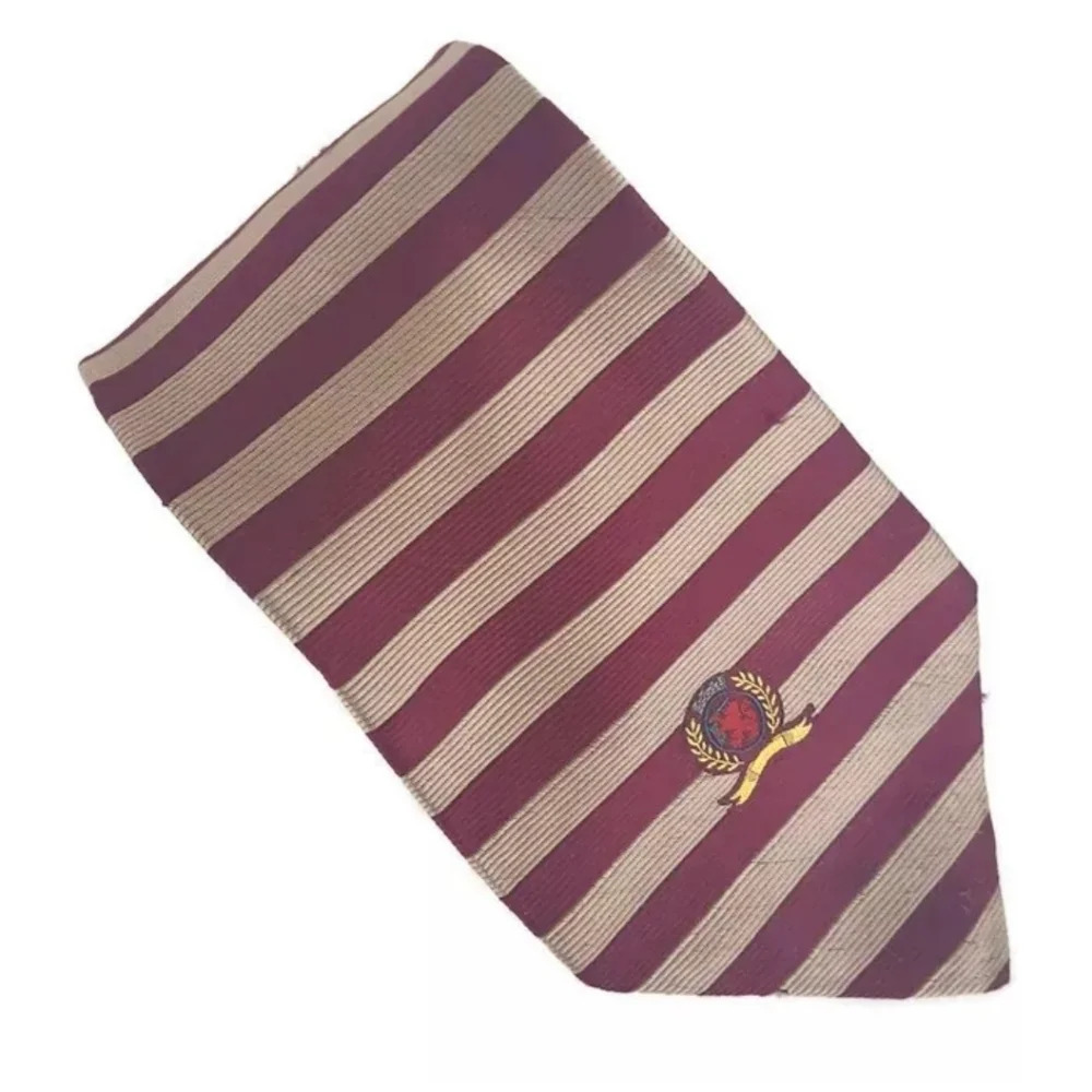 Tommy Hilfiger Mens Maroon & Beige Striped Logo Italian Silk Necktie Tie